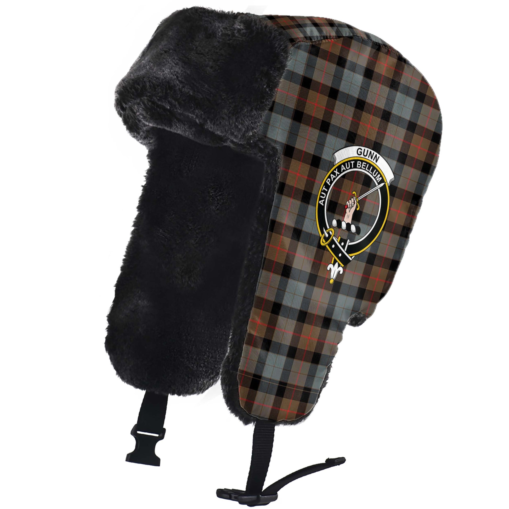 Gunn Weathered Tartan Winter Trapper Hat with Family Crest - Tartanvibesclothing