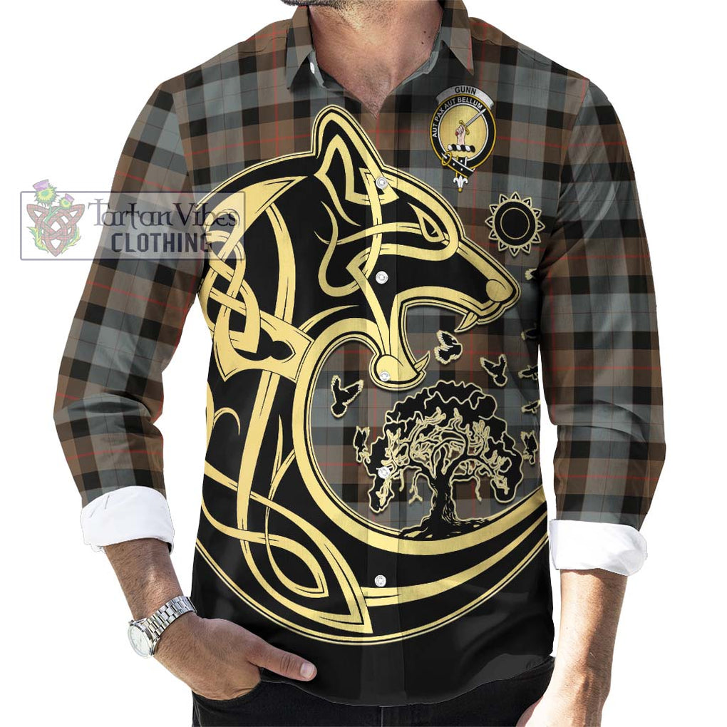 Gunn Weathered Tartan Long Sleeve Button Shirt with Family Crest Celtic Wolf Style - Tartan Vibes Clothing