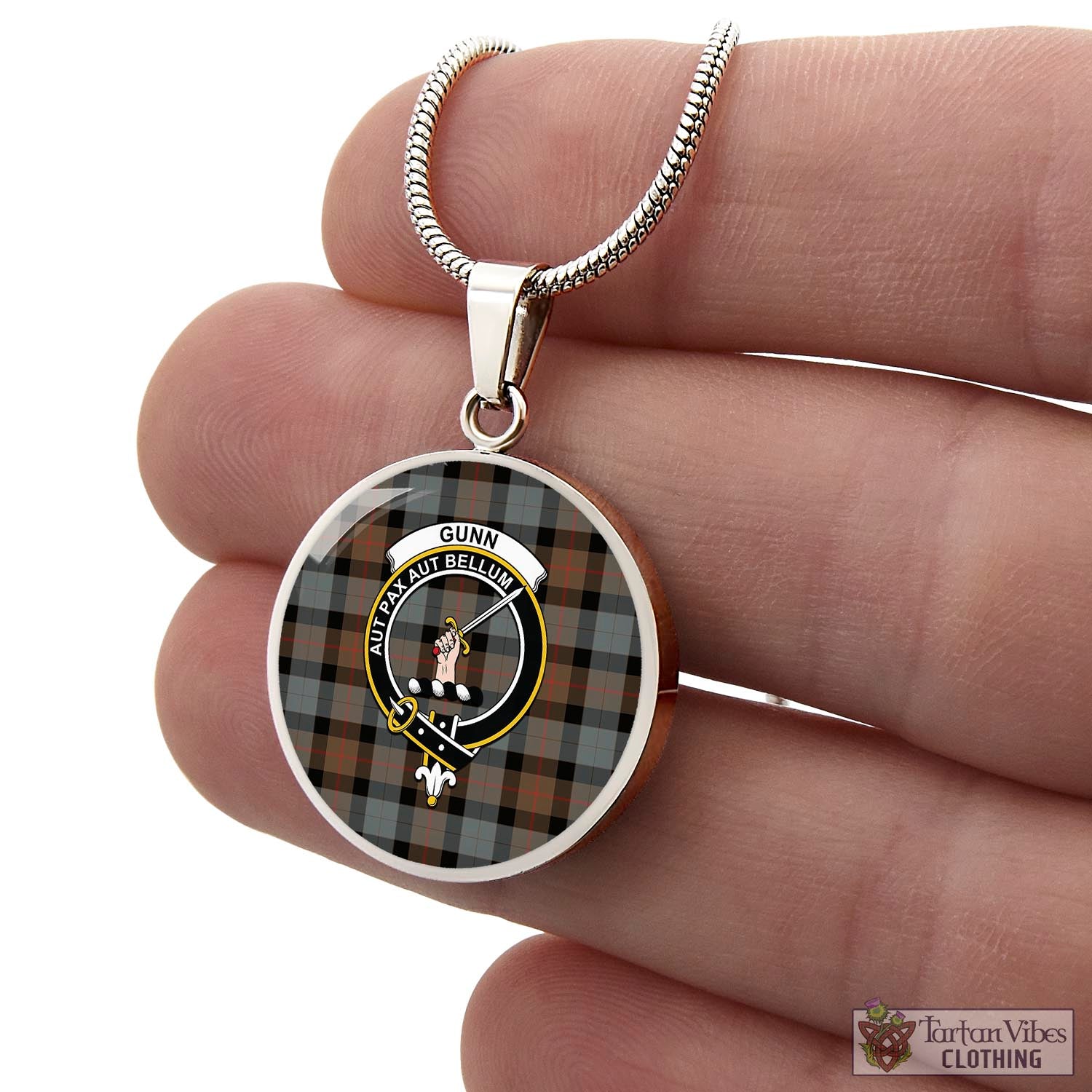 Tartan Vibes Clothing Gunn Weathered Tartan Circle Necklace with Family Crest