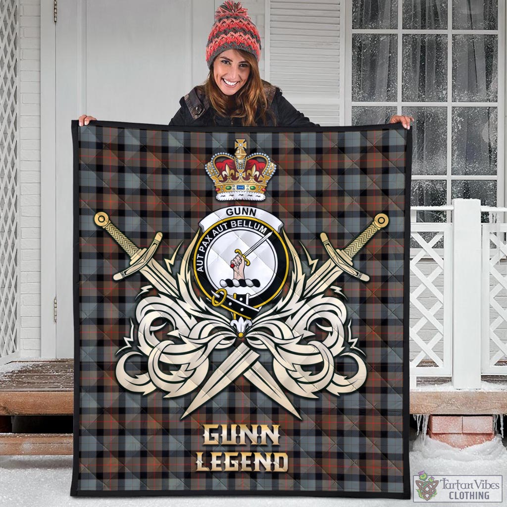 Tartan Vibes Clothing Gunn Weathered Tartan Quilt with Clan Crest and the Golden Sword of Courageous Legacy