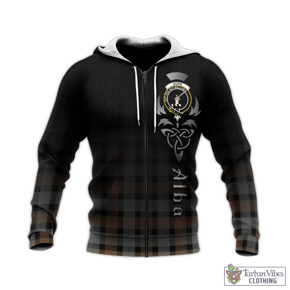 Tartan Vibes Clothing Gunn Weathered Tartan Knitted Hoodie Featuring Alba Gu Brath Family Crest Celtic Inspired