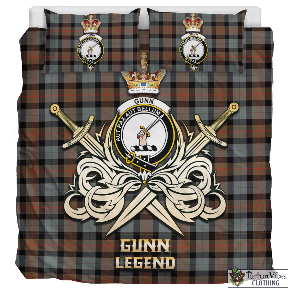 Tartan Vibes Clothing Gunn Weathered Tartan Bedding Set with Clan Crest and the Golden Sword of Courageous Legacy