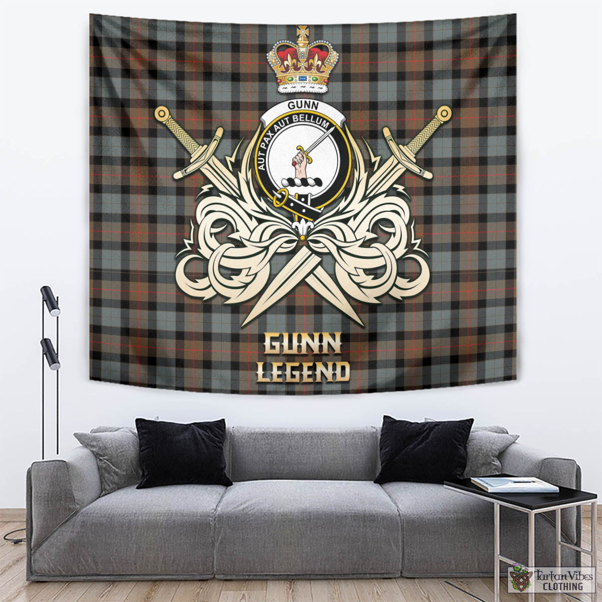 Tartan Vibes Clothing Gunn Weathered Tartan Tapestry with Clan Crest and the Golden Sword of Courageous Legacy