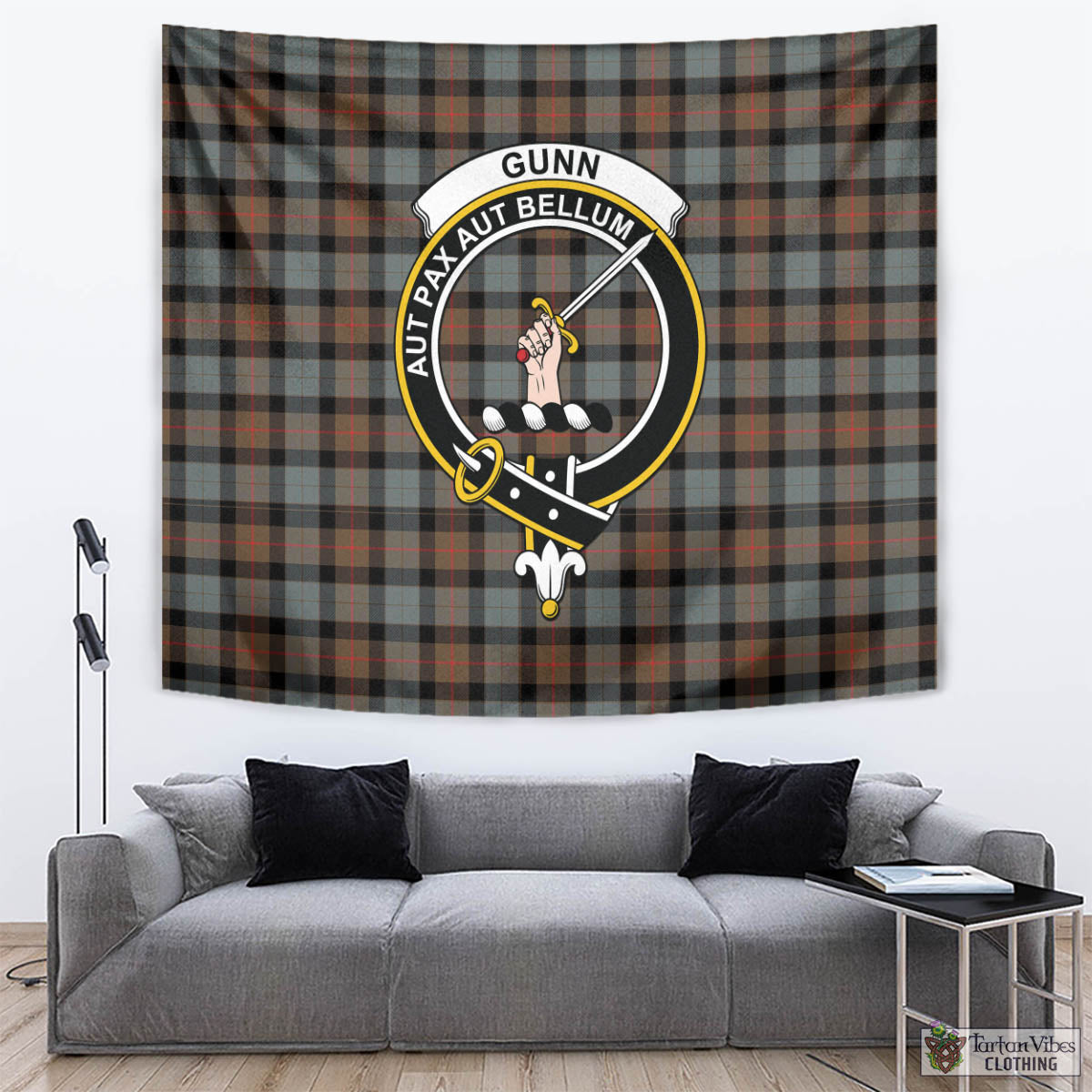 Tartan Vibes Clothing Gunn Weathered Tartan Tapestry Wall Hanging and Home Decor for Room with Family Crest