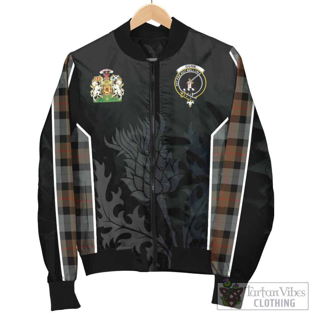 Tartan Vibes Clothing Gunn Weathered Tartan Bomber Jacket with Family Crest and Scottish Thistle Vibes Sport Style