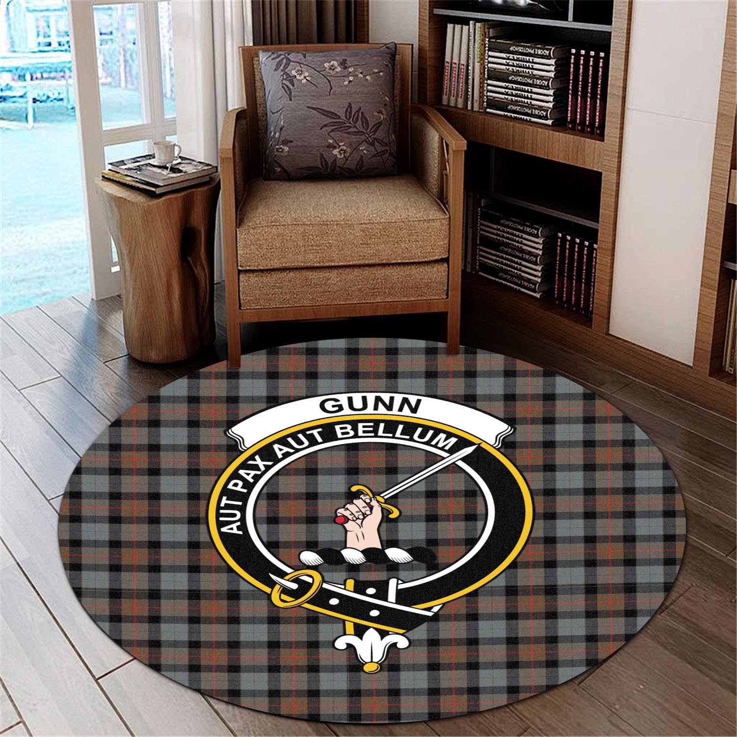 gunn-weathered-tartan-round-rug-with-family-crest