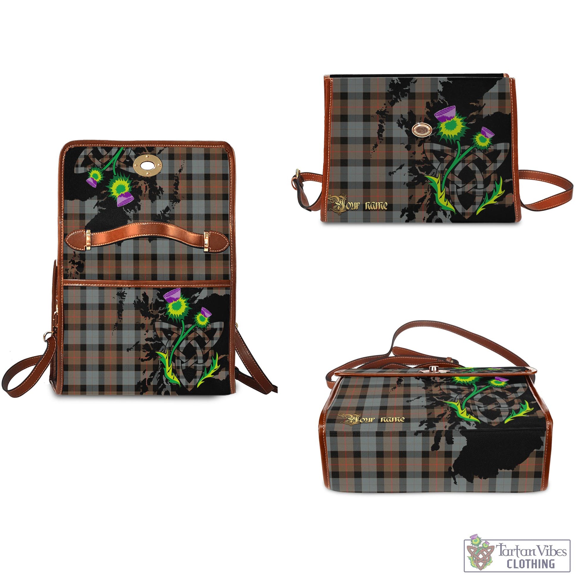 Tartan Vibes Clothing Gunn Weathered Tartan Waterproof Canvas Bag with Scotland Map and Thistle Celtic Accents