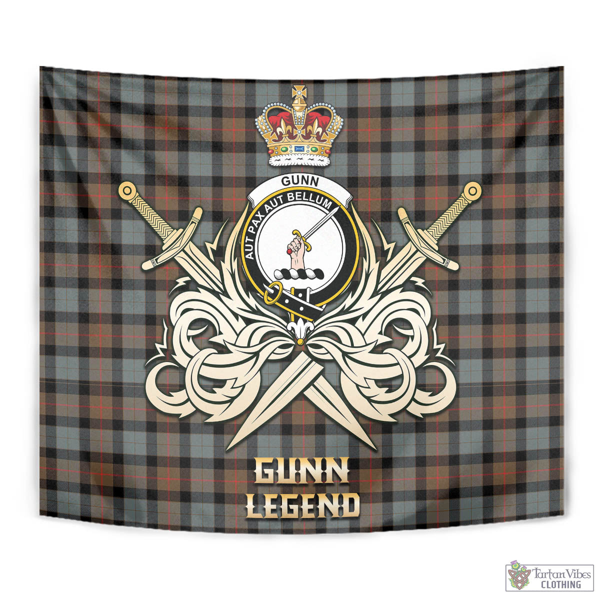 Tartan Vibes Clothing Gunn Weathered Tartan Tapestry with Clan Crest and the Golden Sword of Courageous Legacy