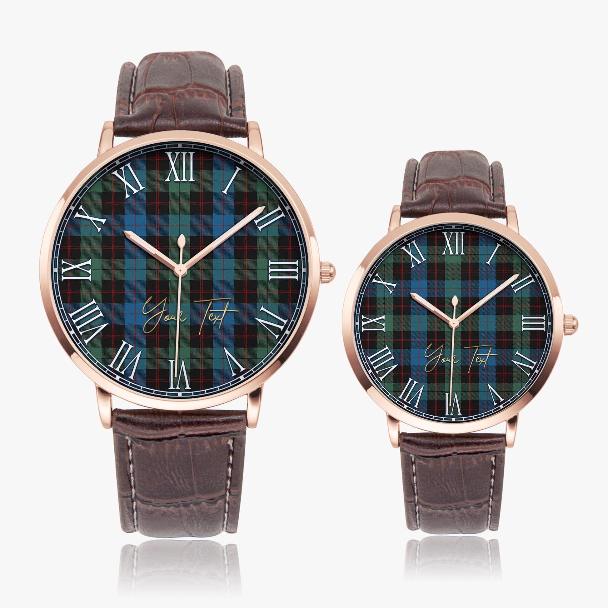 Guthrie Tartan Personalized Your Text Leather Trap Quartz Watch Ultra Thin Rose Gold Case With Brown Leather Strap - Tartanvibesclothing