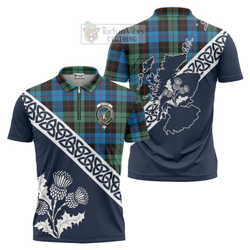 Guthrie Tartan Zipper Polo Shirt Featuring Thistle and Scotland Map