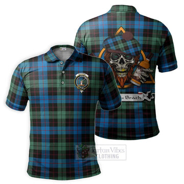 Guthrie Tartan Polo Shirt with Family Crest and Bearded Skull Holding Bottles of Whiskey