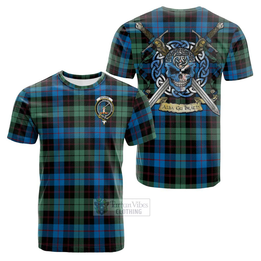 Tartan Vibes Clothing Guthrie Tartan Cotton T-shirt with Family Crest Celtic Skull Style