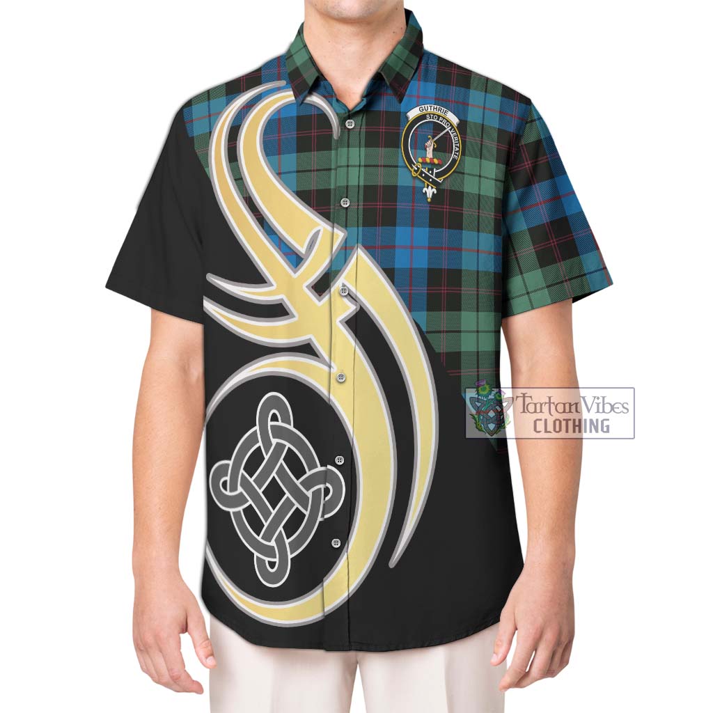 Tartan Vibes Clothing Guthrie Tartan Short Sleeve Button Shirt with Family Crest and Celtic Symbol Style