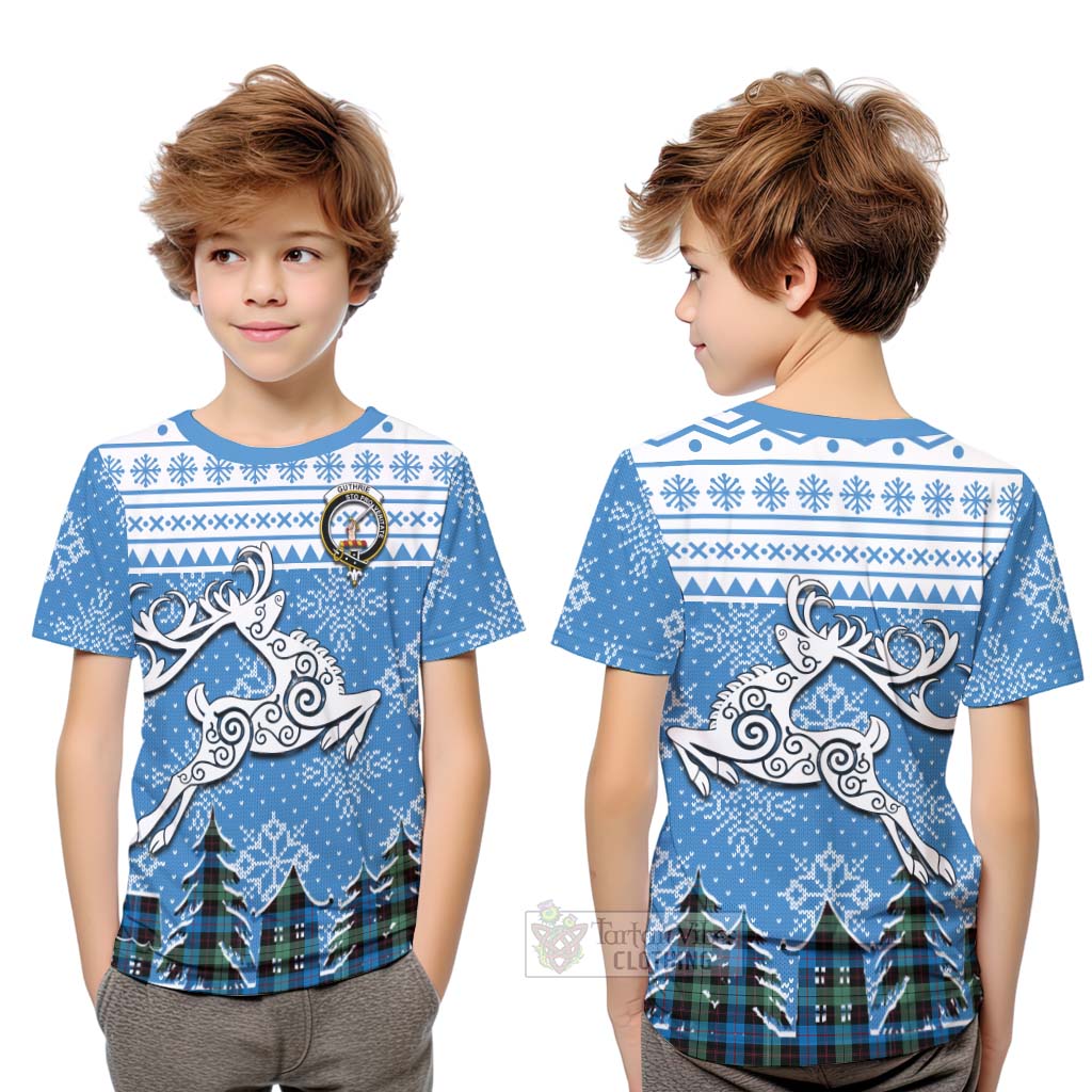 Tartan Vibes Clothing Guthrie Clan Christmas Kid T-Shirt Celtic Reindeer Style