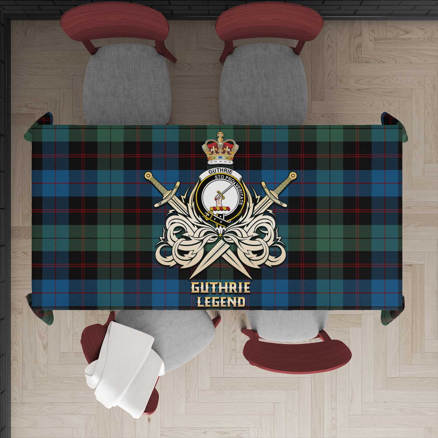 Tartan Vibes Clothing Guthrie Tartan Tablecloth with Clan Crest and the Golden Sword of Courageous Legacy