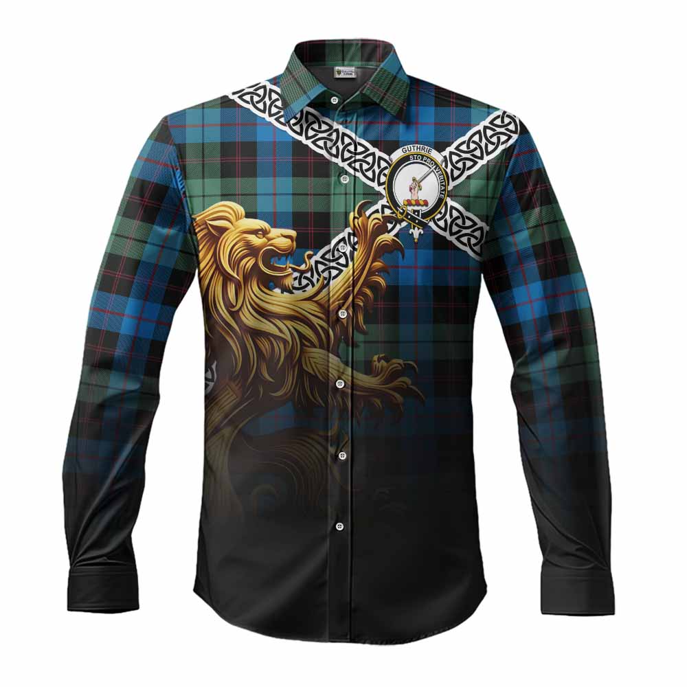 Guthrie Crest Tartan Long Sleeve Button Shirt with Golden Lion Emblem Celtic Style Men's Shirt S - Tartan Vibes Clothing