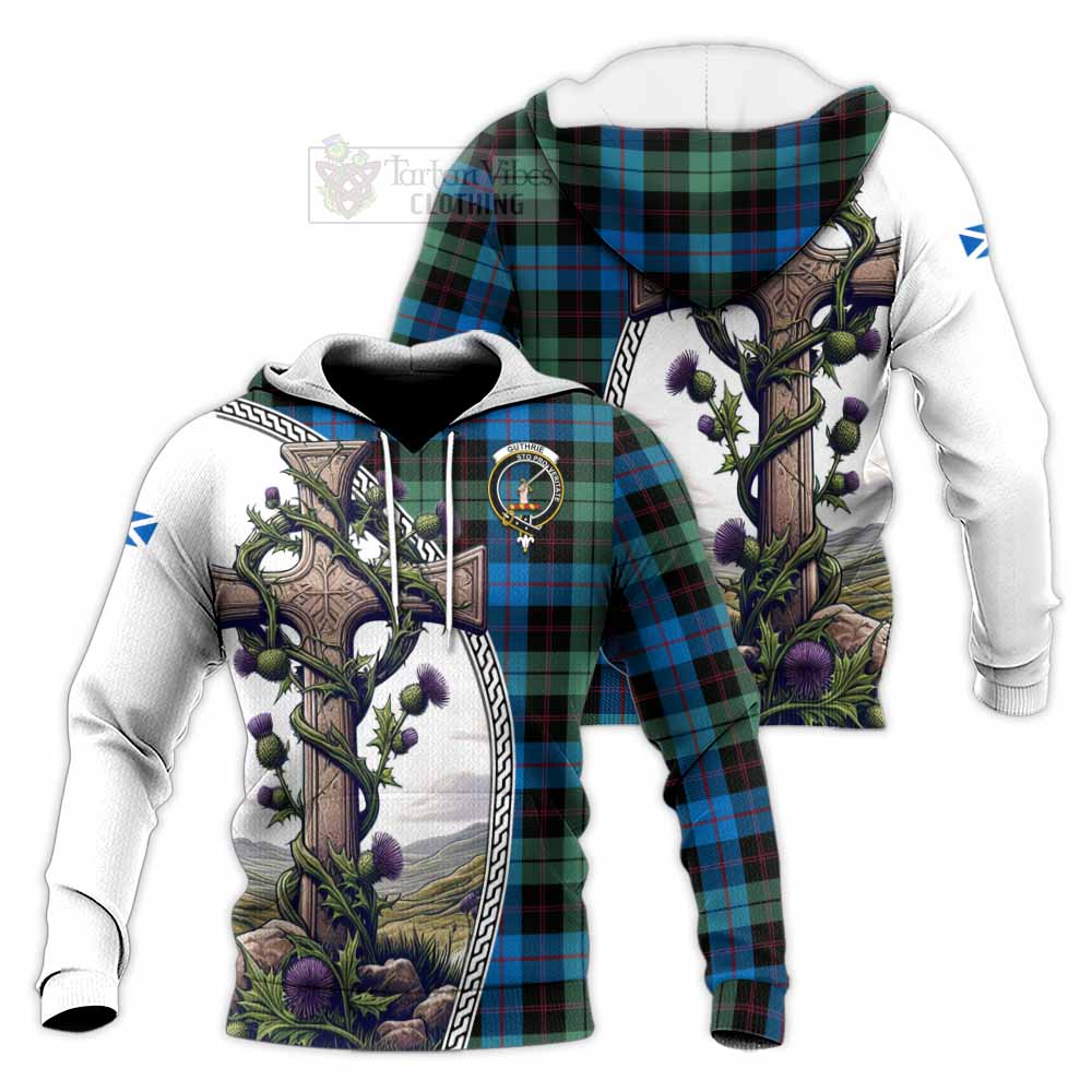 Tartan Vibes Clothing Guthrie Tartan Knitted Hoodie with Family Crest and St. Andrew's Cross Accented by Thistle Vines