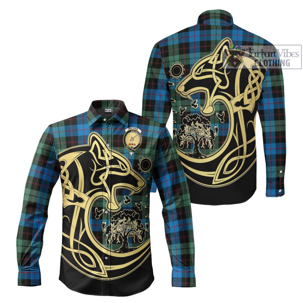 Guthrie Tartan Long Sleeve Button Shirt with Family Crest Celtic Wolf Style Men's Shirt S - Tartan Vibes Clothing