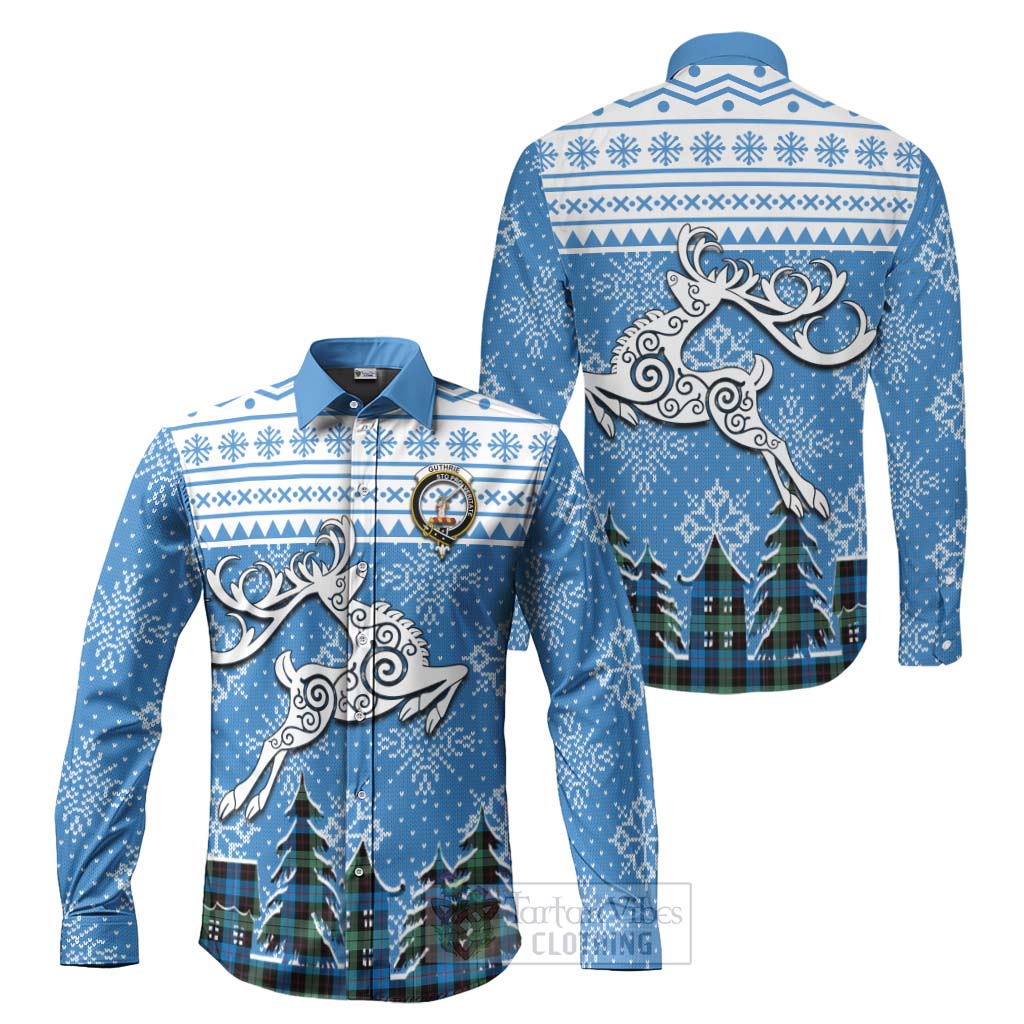 Tartan Vibes Clothing Guthrie Clan Christmas Long Sleeve Button Shirt Celtic Reindeer Style