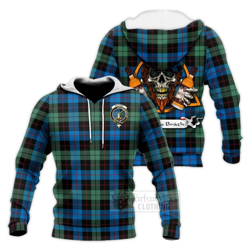 Tartan Vibes Clothing Guthrie Tartan Knitted Hoodie with Family Crest and Bearded Skull Holding Bottles of Whiskey