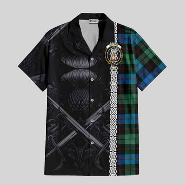 Guthrie Tartan Short Sleeve Button Shirt with Family Crest Cross Sword Thistle Celtic Vibes