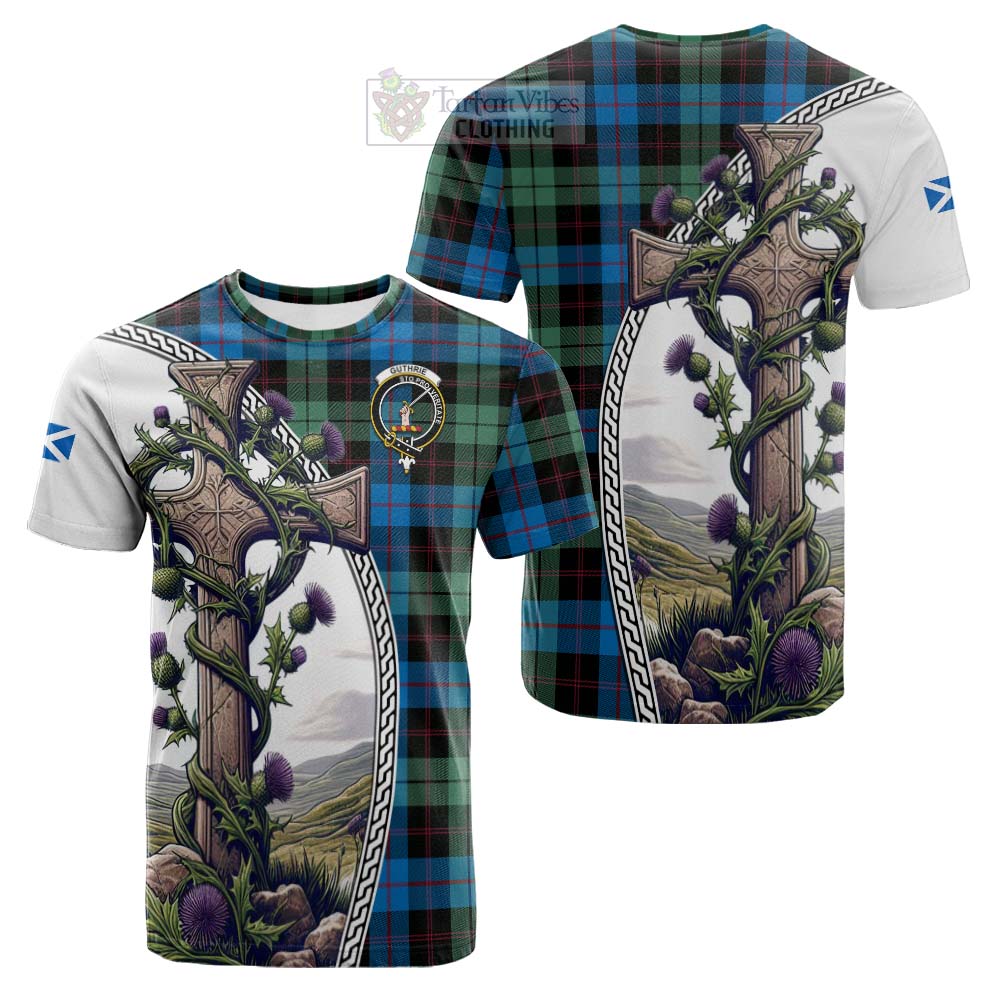 Tartan Vibes Clothing Guthrie Tartan Cotton T-shirt with Family Crest and St. Andrew's Cross Accented by Thistle Vines