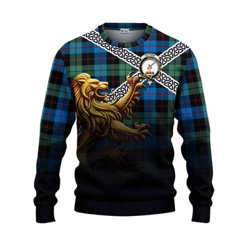 Guthrie Crest Tartan Knitted Sweater with Golden Lion Emblem Celtic Style Unisex - Tartan Vibes Clothing