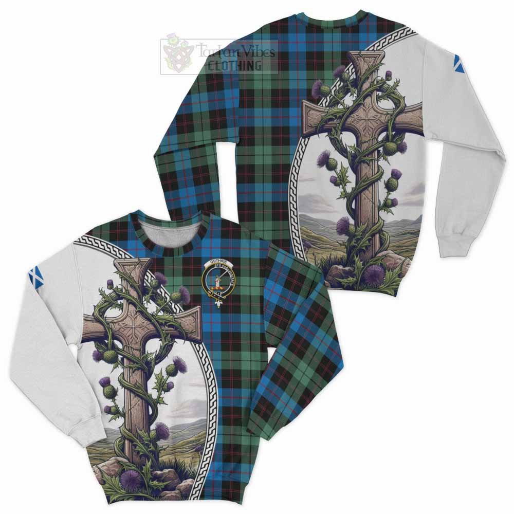 Tartan Vibes Clothing Guthrie Tartan Sweatshirt with Family Crest and St. Andrew's Cross Accented by Thistle Vines