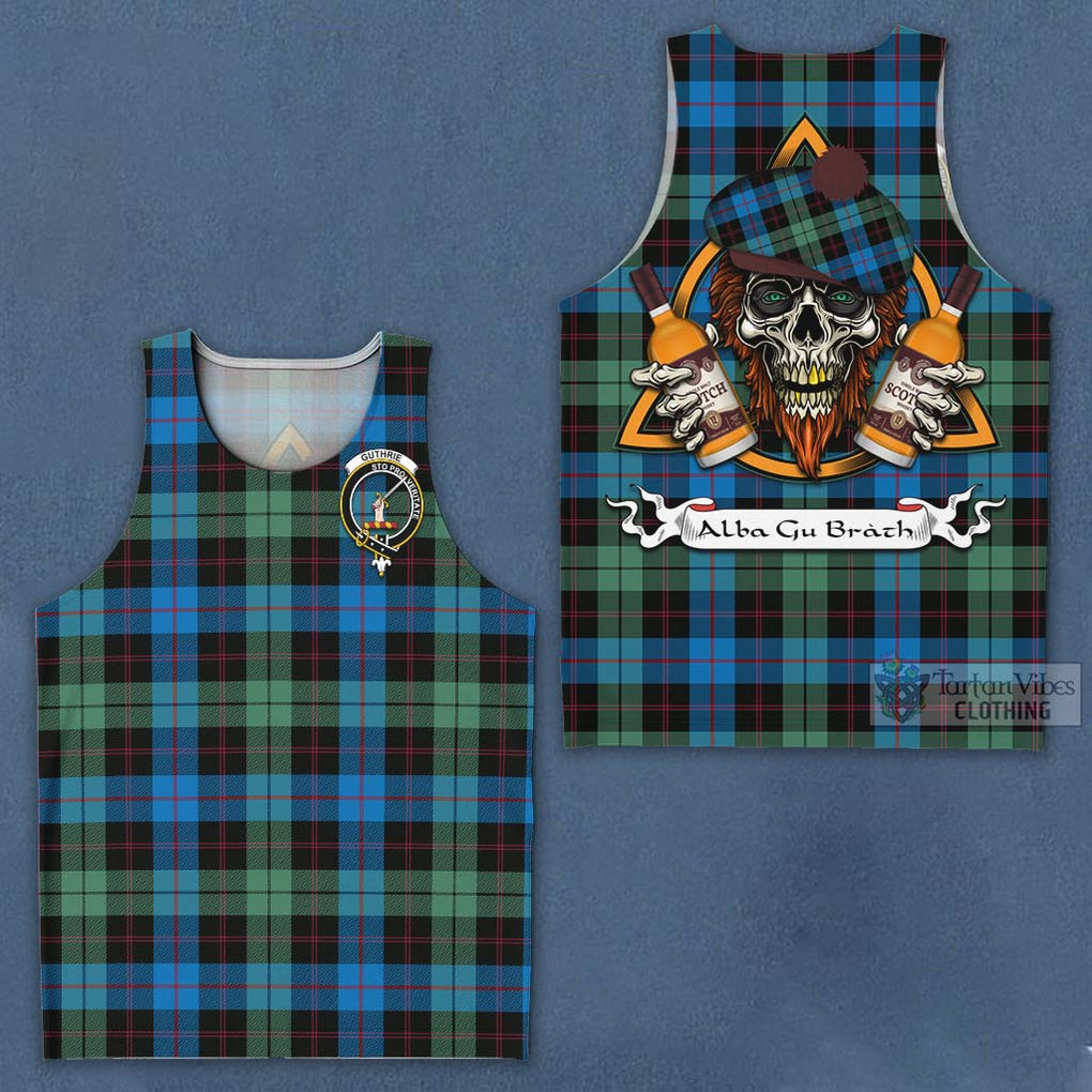 Tartan Vibes Clothing Guthrie Tartan Men's Tank Top with Family Crest and Bearded Skull Holding Bottles of Whiskey