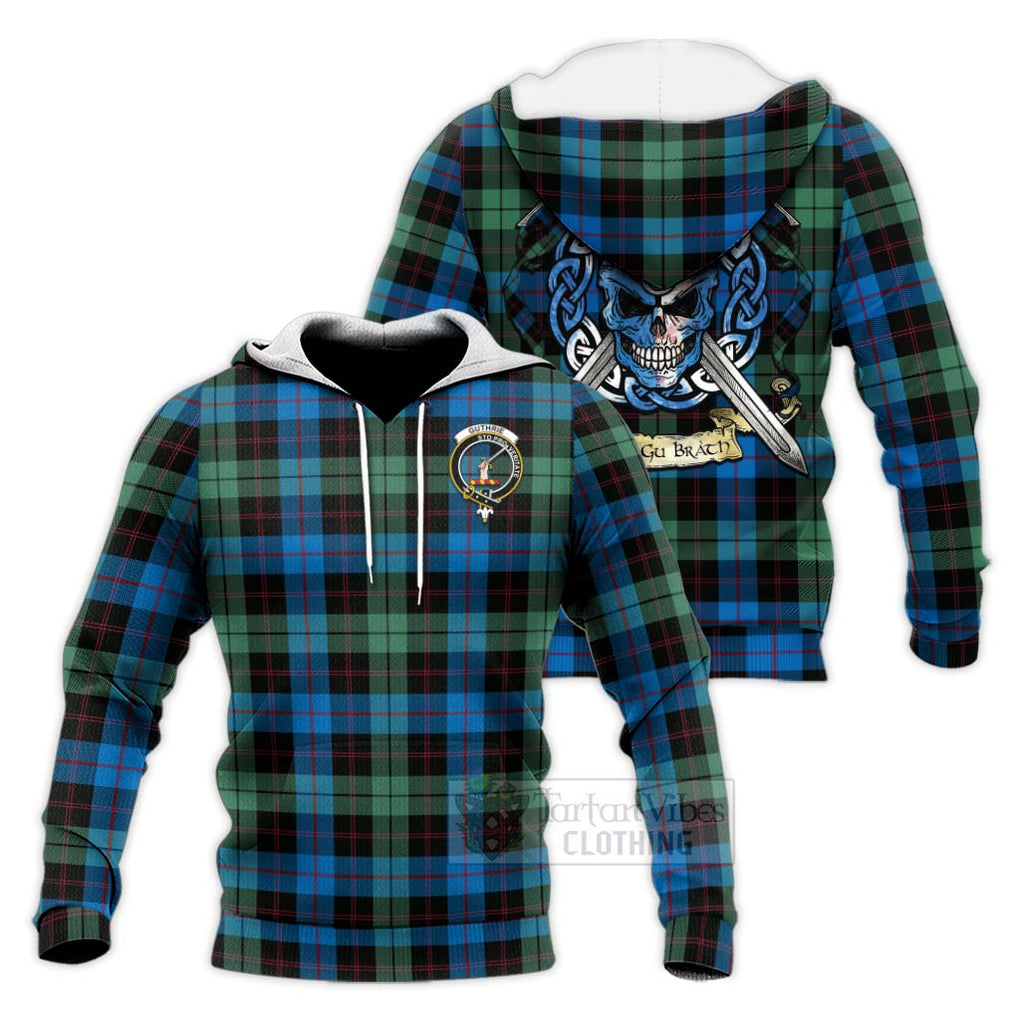 Tartan Vibes Clothing Guthrie Tartan Knitted Hoodie with Family Crest Celtic Skull Style