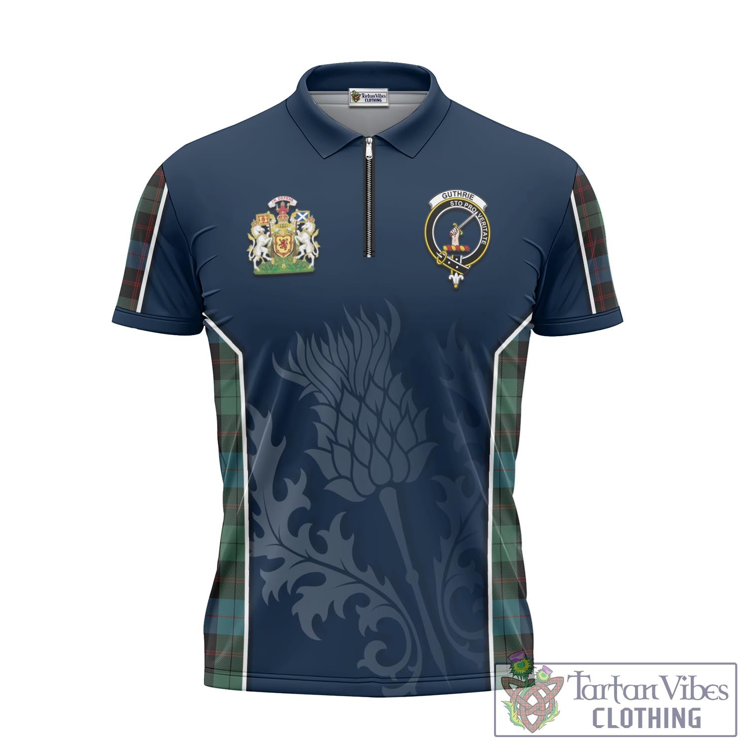 Tartan Vibes Clothing Guthrie Tartan Zipper Polo Shirt with Family Crest and Scottish Thistle Vibes Sport Style