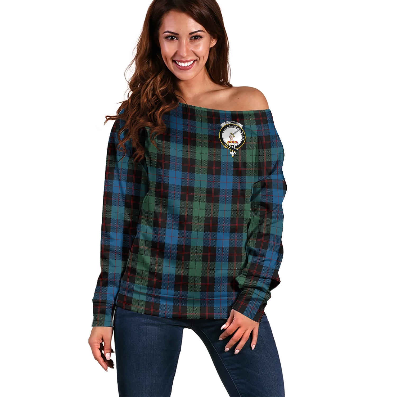 Guthrie Tartan Off Shoulder Women Sweater with Family Crest Women - Tartanvibesclothing