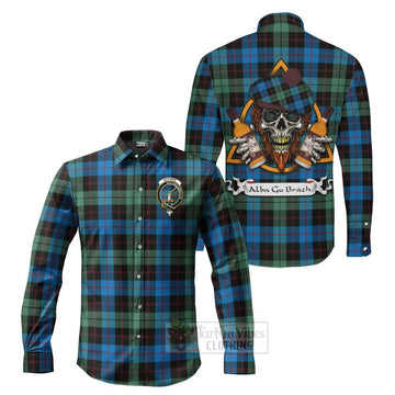 Guthrie Tartan Long Sleeve Button Shirt with Family Crest and Bearded Skull Holding Bottles of Whiskey