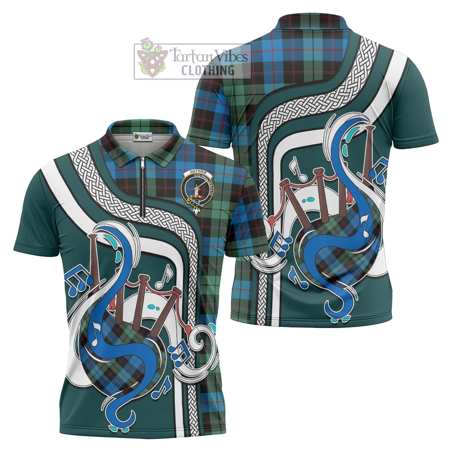 Tartan Vibes Clothing Guthrie Tartan Zipper Polo Shirt with Epic Bagpipe Style