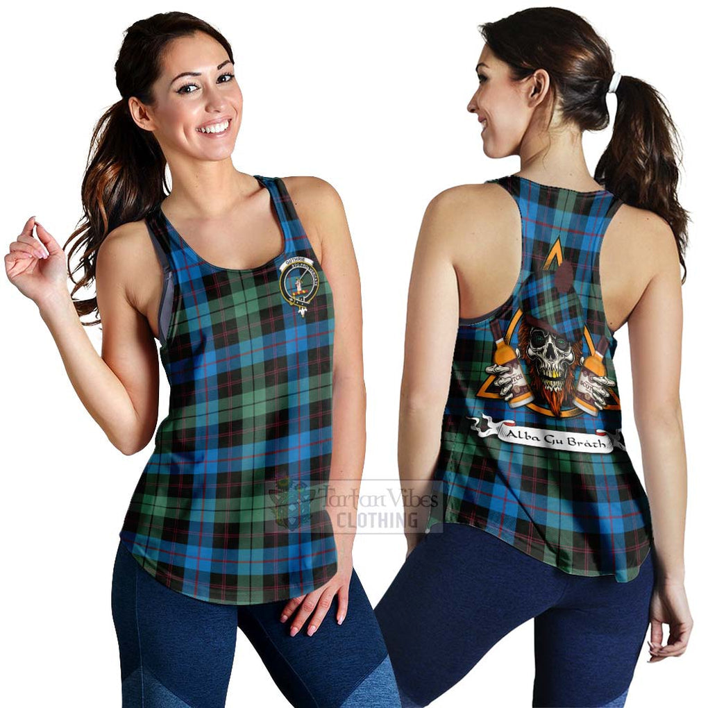 Tartan Vibes Clothing Guthrie Tartan Women's Racerback Tanks with Family Crest and Bearded Skull Holding Bottles of Whiskey