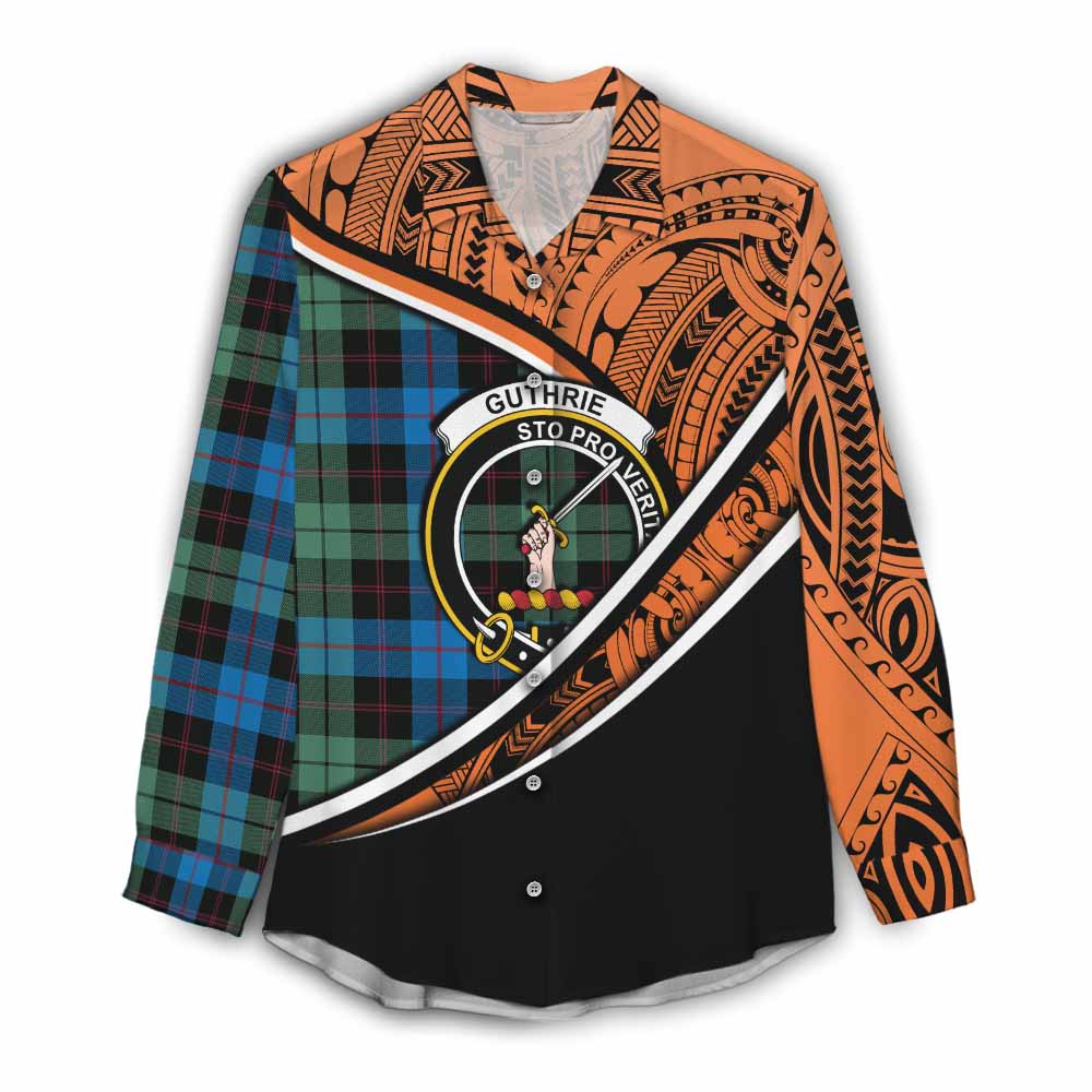 Tartan Vibes Clothing Guthrie Crest Tartan Women's Casual Shirt with Maori Tattoo Style - Orange Version