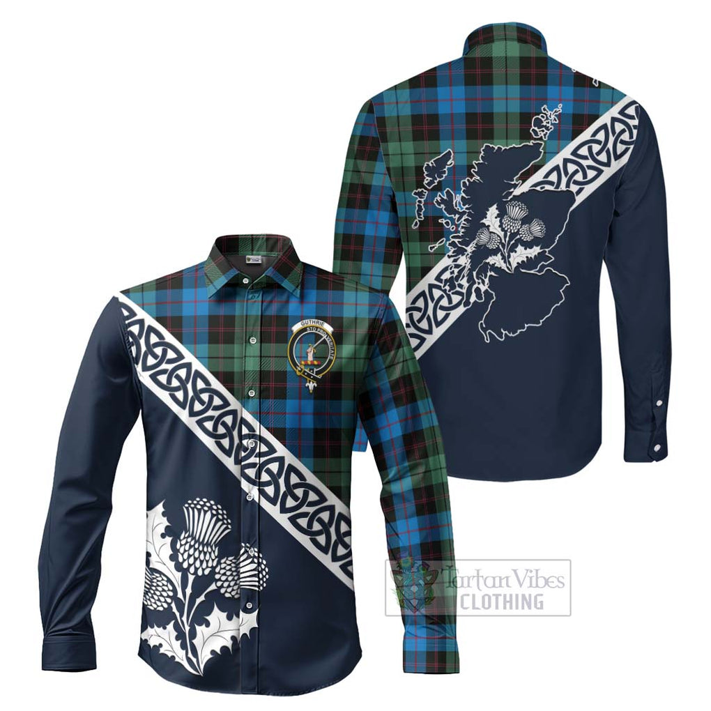 Tartan Vibes Clothing Guthrie Tartan Long Sleeve Button Shirt Featuring Thistle and Scotland Map