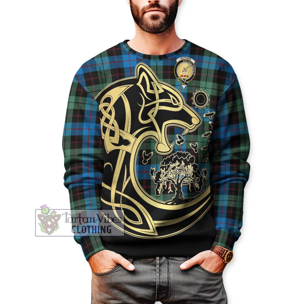 Tartan Vibes Clothing Guthrie Tartan Sweatshirt with Family Crest Celtic Wolf Style