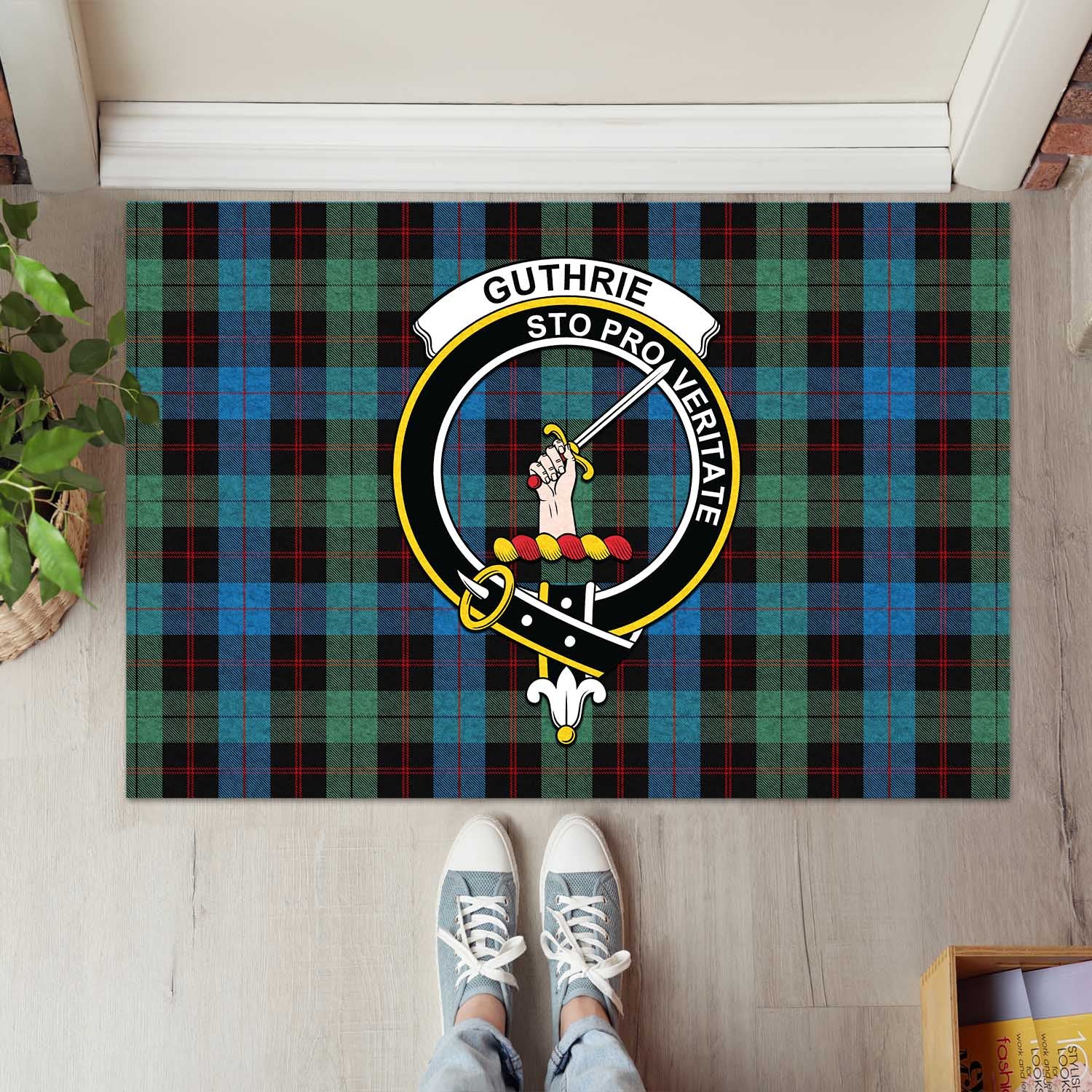 Guthrie Tartan Door Mat with Family Crest - Tartanvibesclothing