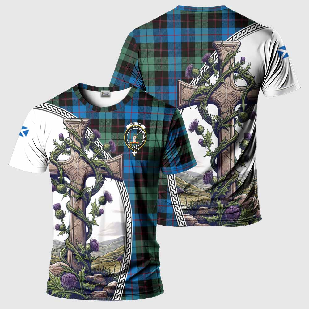 Tartan Vibes Clothing Guthrie Agnew Tartan T-Shirt with Family Crest and St. Andrew's Cross Accented by Thistle Vines