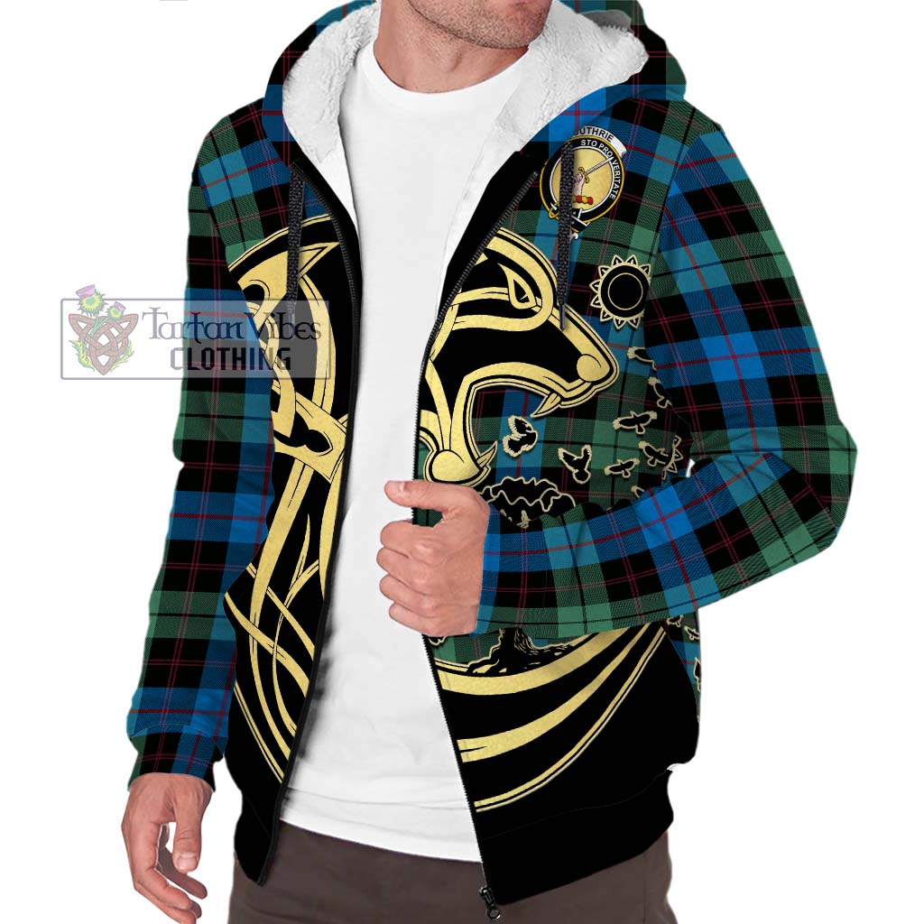 Tartan Vibes Clothing Guthrie Tartan Sherpa Hoodie with Family Crest Celtic Wolf Style