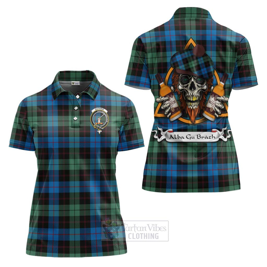 Tartan Vibes Clothing Guthrie Tartan Women's Polo Shirt with Family Crest and Bearded Skull Holding Bottles of Whiskey