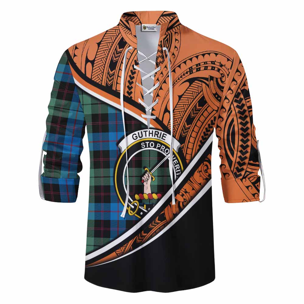 Tartan Vibes Clothing Guthrie Crest Tartan Ghillie Kilt Shirt with Maori Tattoo Style - Orange Version