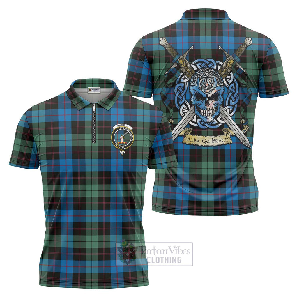 Tartan Vibes Clothing Guthrie Tartan Zipper Polo Shirt with Family Crest Celtic Skull Style