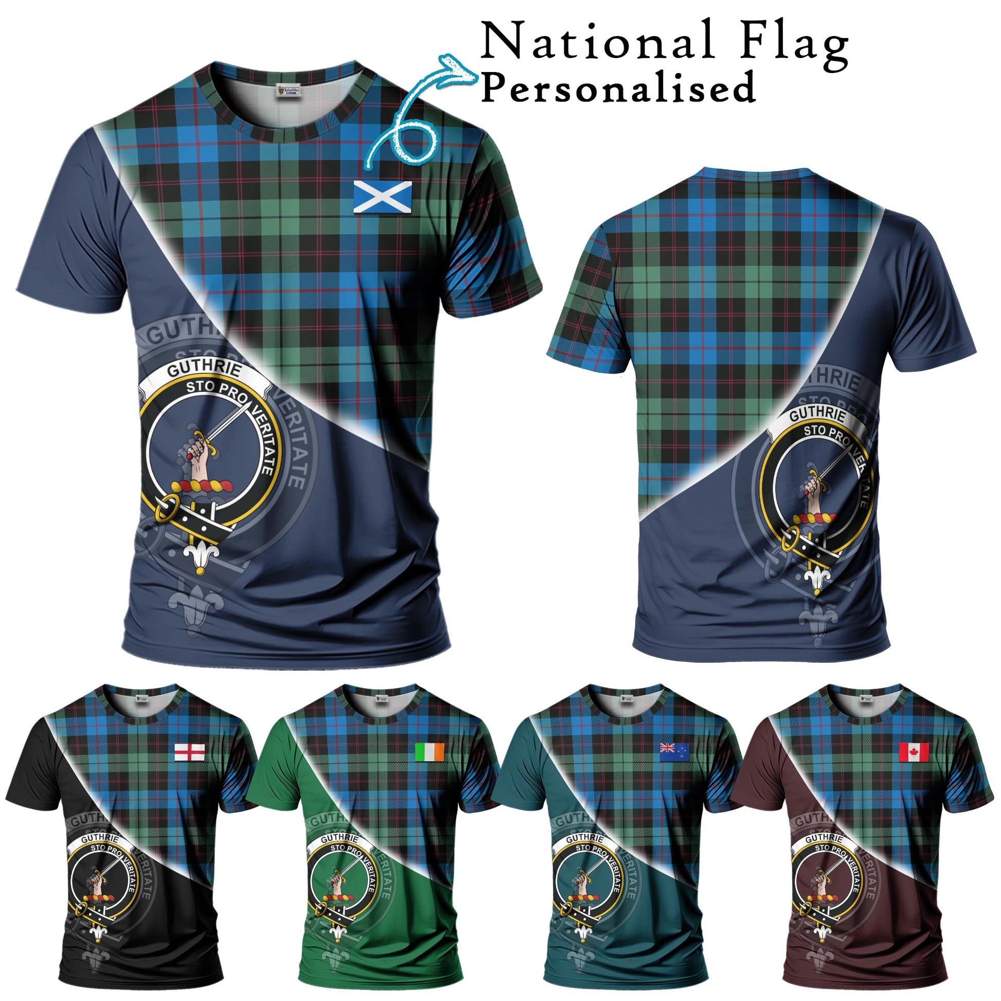 Tartan Vibes Clothing Guthrie Tartan T-Shirt with Personalised National Flag and Family Crest Half Style