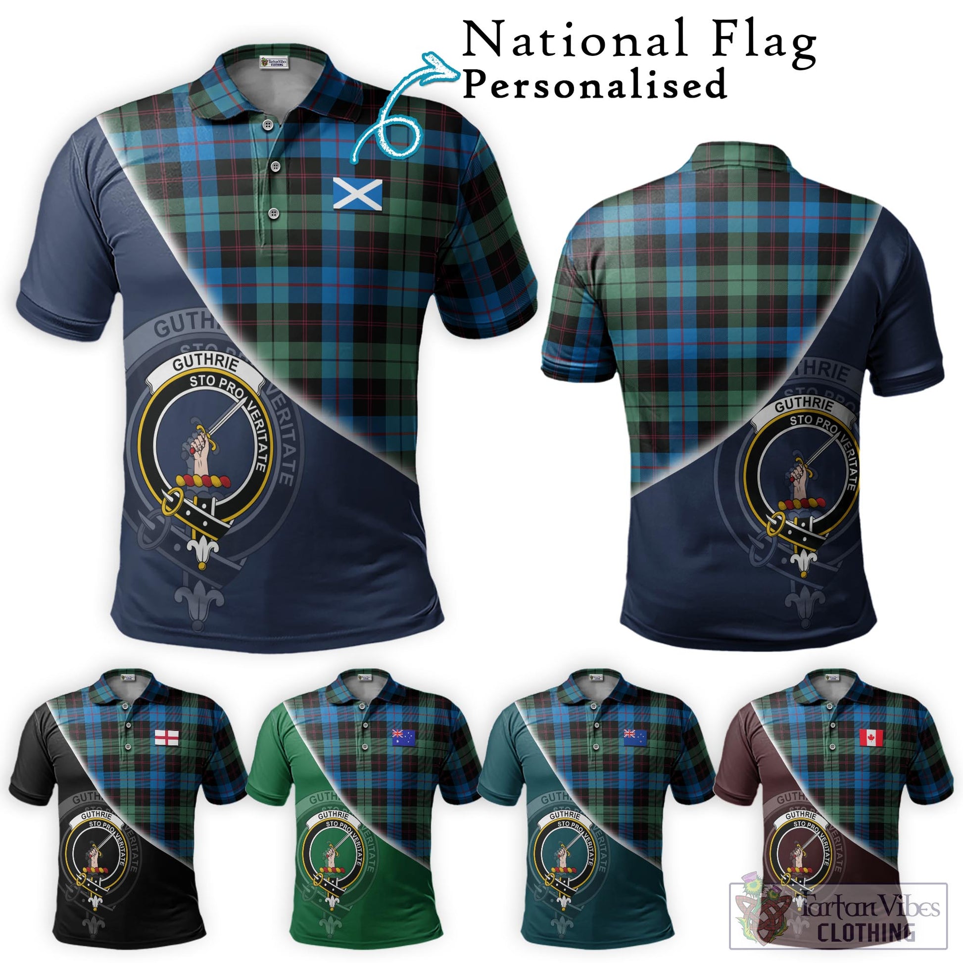 Tartan Vibes Clothing Guthrie Tartan Polo Shirt with Personalised National Flag and Family Crest Half Style