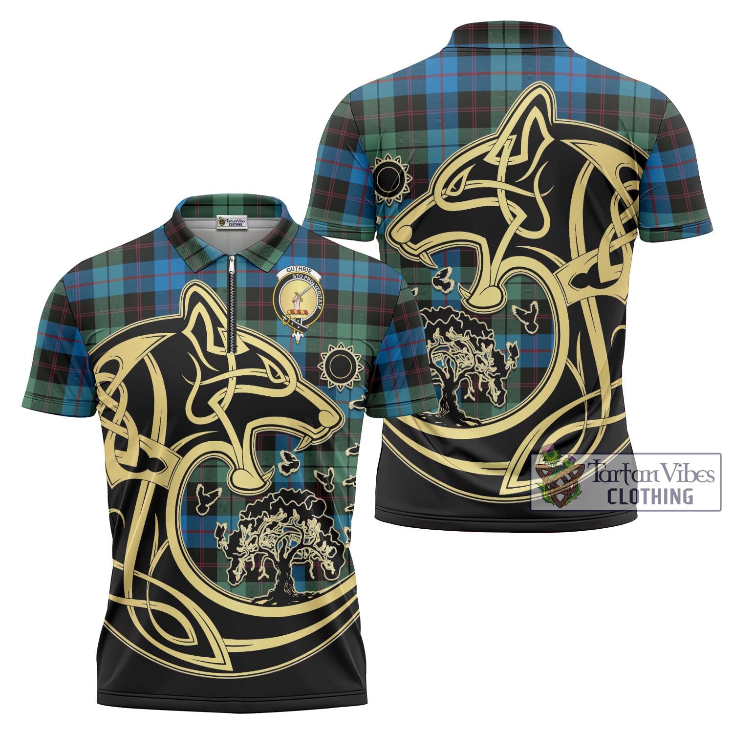 Tartan Vibes Clothing Guthrie Tartan Zipper Polo Shirt with Family Crest Celtic Wolf Style