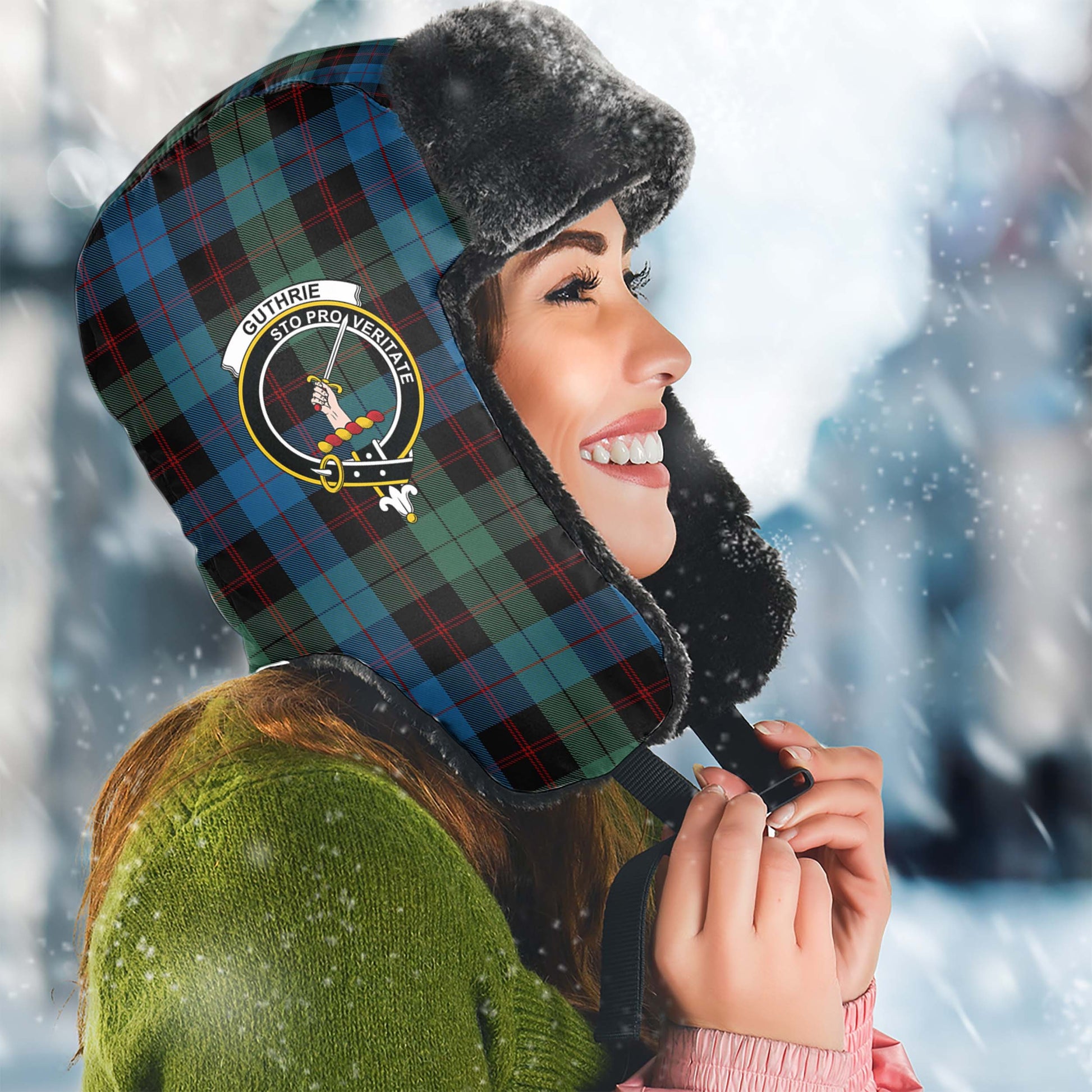 Guthrie Tartan Winter Trapper Hat with Family Crest Winter Trapper Hat Universal Fit Circumference 22.8in (58cm) - Tartanvibesclothing