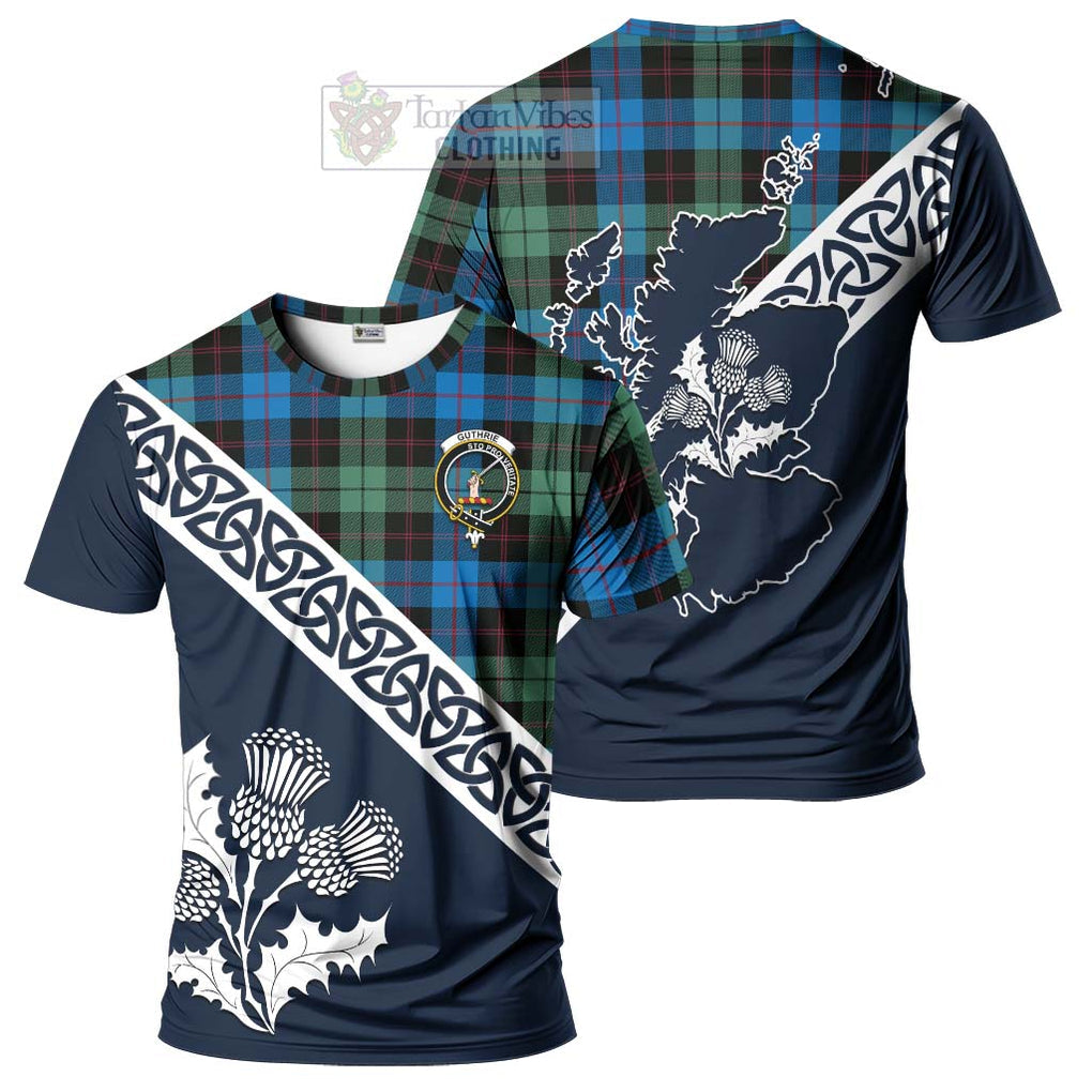 Guthrie Tartan T-Shirt Featuring Thistle and Scotland Map