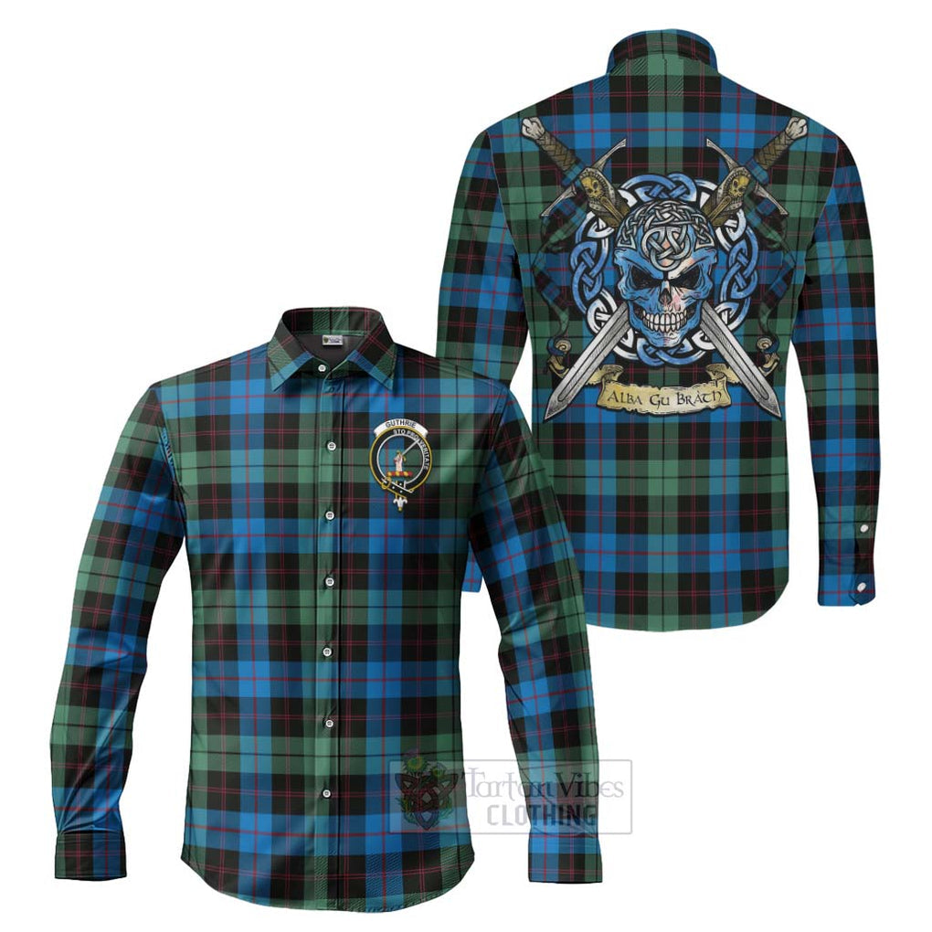 Tartan Vibes Clothing Guthrie Tartan Long Sleeve Button Shirt with Family Crest Celtic Skull Style